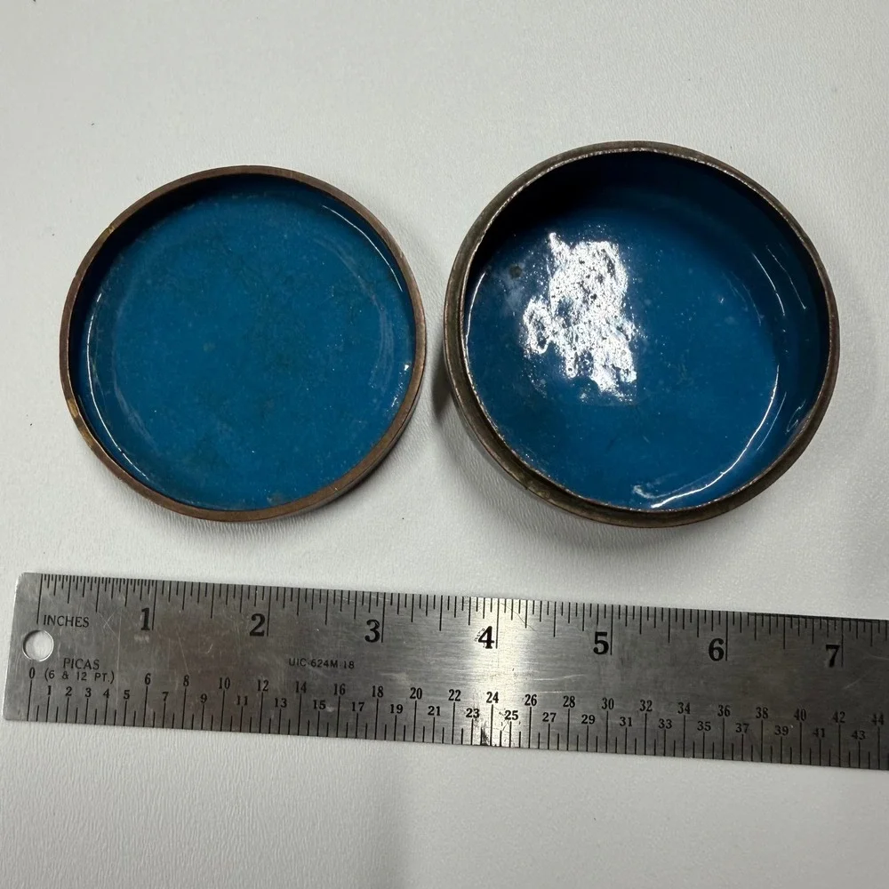 Vintage Chinese Cloisonne Enamel Trinket Box Bird Floral Black Blue Brass Round